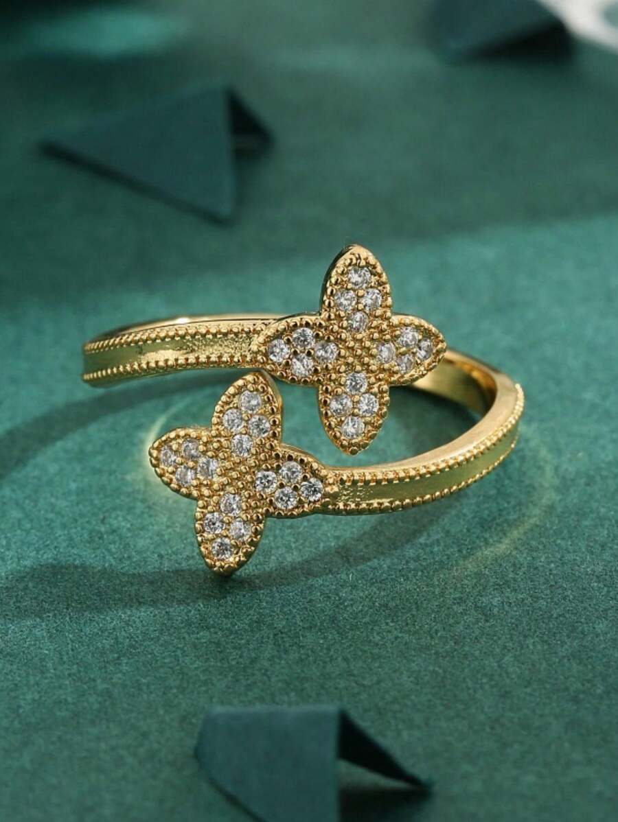 1 anel de ouro trevo de quatro folhas com zircônia cúbica incrustada, camada dupla, personalizado para mulheres, adequado para uso diário ou como presente de aniversário/dia dos namorados
