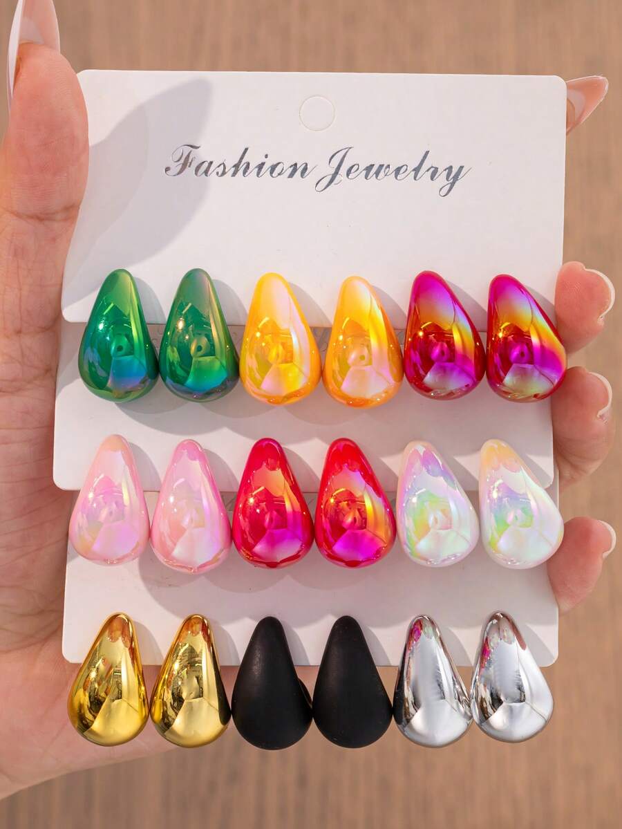 2-18 件时尚彩色泪珠形耳环套装，简约优雅的设计，适合日常佩戴或女性节日礼物 - 彩色 - 查看 1