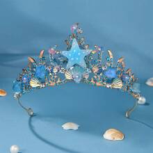 Tiara Feita à Mão com Tema Marinho, Coroa de Tiara com Estrela-do-mar e Concha para Princesa, Festa de Aniversário, Apresentação do Oceano, Halloween - Multicolorido - Visão 15