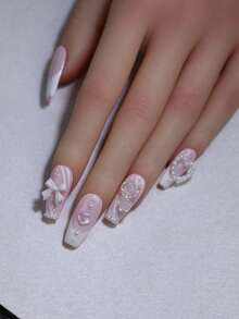 10 Pieces Set Light Pink Long Coffin 100% Handmade Press On Nails With Heart Butterfly And Aurora Flowers Nail Decoration French Style Nail Art Design Reusable False Nail Tips For Women - 粉 - 查看 4