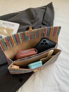 1 pieza Bolso de mano con correa de cadena tejida de paja con forma cuadrada y colores arcoíris, accesorio de moda versátil para mujeres - Multicolor - Ver 5