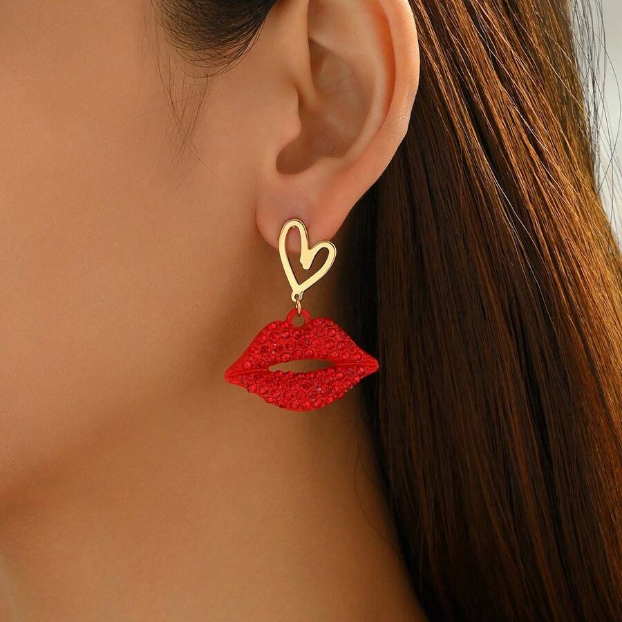 1 Pair Fashionable Carnival Red Lips Alloy Earrings, Suitable For Women's Holiday Wear - Red Lips Earrings - View 1