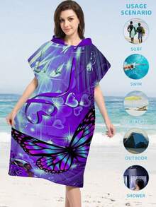1pc Butterfly & Floral Pattern Hooded Cloak Robe, Lightweight Wearable Beach Towel For Surfing, Swimming, Bathing, Outdoor Sports, Adult Hooded Towel Robe Back To School - Multicolor - View 16
