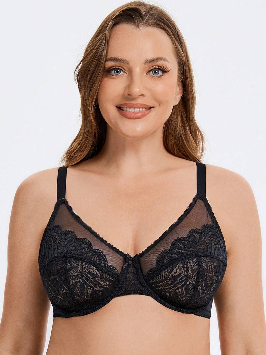 MELENECA Women's Minimizer Bras For Large Bust Underwire Plus Size Full Coverage Lace Bras - Black - View 1