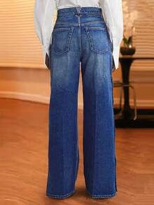 Wide Leg Denim Jeans With Side Snap Buttons, High Rise, Classic Blue Wash - 藍色 - 查看 2