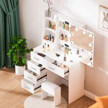 Vanity Desk With Mirror And Lights, Makeup Vanity With 5 Drawers And Open Storage Shelves, 3-Color Adjustable Lighting, Modern Vanity Table With Stool For Bedroom - 白色 - 查看 4