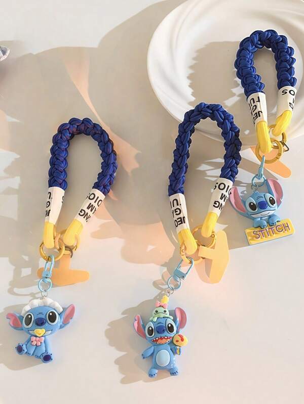 Disney 3-Piece Set: Cartoon 3D Stitch Keychain, Phone Case, Braided Nylon Lanyard, Short Durable Wristband, Cute Keychain, Portable Pendant
