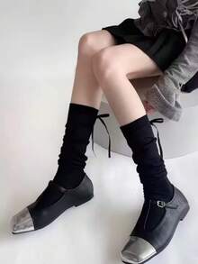 1/2 双女式芭蕾风格条纹及膝袜，带蝴蝶结装饰，白色/黑色，适合春/夏/秋季，Y2K