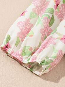 Acelitt 夏季粉色花卉印花V领荷叶边休闲短袖衬衫度假 - 粉色 - 查看 5