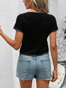 playera  Liso    Casual    Poliéster    Encaje en contraste  Canalé    Playa - Negro - Ver 2