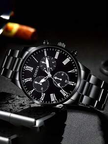 2 piezas Nuevo conjunto de relojes casuales de negocios de cuarzo redondos para hombres, regalo de San Valentín, Año Nuevo, cumpleaños para familiares y amigos - Negro - Ver 3