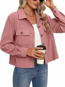 Solid Color Button Front Coat, Long Sleeve Casual Coat For Spring And Autumn, Women's Clothing, Corduroy Jacket With Button Front And Flap Pocket In Apricot Color - Pink - View 4