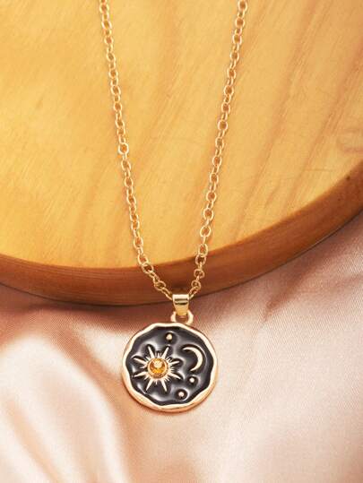 1 Stück elegante Vintage Halskette für Frauen mit rundem Sonne- und Mond-Motiv und Strass
