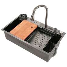 Waterfall Sink With Digital Display, Multifunctional Workstation Sink, Kitchen Sink With Pull-Out Faucet