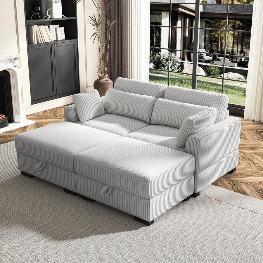 Loveseat Sofa, Modular Sofa, Corduroy Upholstered, With Removable Cushions And Backrest, Modern Sofa, Single Sofa, Footrest, Wide Armrests, Suitable For Living Room, Bedroom, Apartment, Beige/Grey - 灰色 - 查看 1