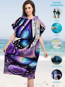 1pc Butterfly & Floral Pattern Hooded Cloak Robe, Lightweight Wearable Beach Towel For Surfing, Swimming, Bathing, Outdoor Sports, Adult Hooded Towel Robe Back To School - Multicolor - View 14