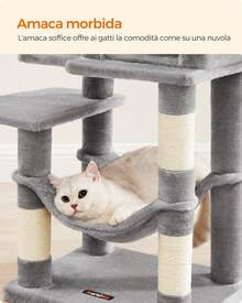 Albero per Gatti Alto 112 cm, Tiragraffi per Gatti, con 4 Pali Graffiatoi, 2 Posatoi, 1 Grotta, 1 Amaca, 2 Pompon, in Peluche a Più Livelli,  Grigio Chiaro - Grigio Chiaro - Visualizzare 6