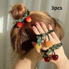 3 pièces Attache cheveux en forme de cerise pour femmes - Rouge vibrant avec ruban à pois verts, plastique durable, polyvalent pour toutes les saisons, cadeau idéal pour la Saint-Valentin