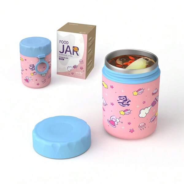 1pc Cute Cartoon Printed Stainless Steel Soup Mug,School Supplies