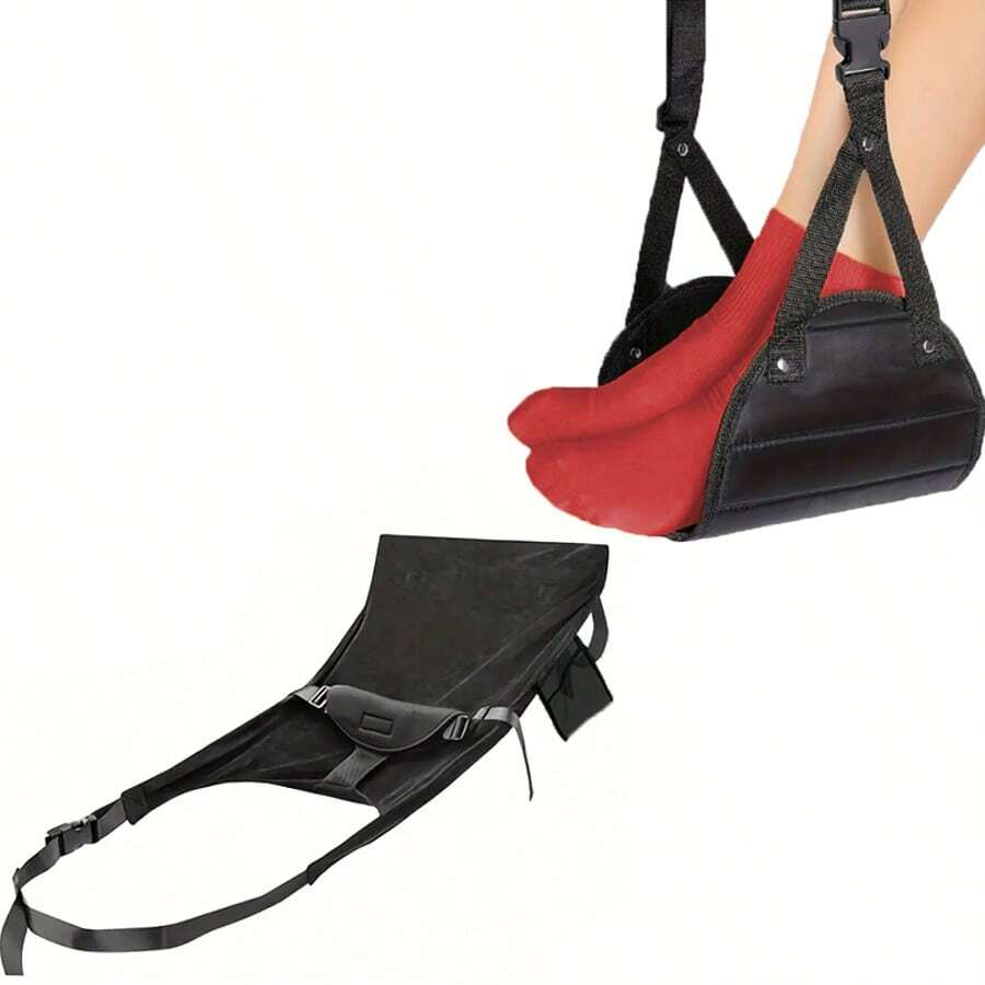 2pcs Set - Travel Airplane Seat Cushion + Airplane Footrest, Portable Airplane Sleep Pillow With Dual Side Storage Pockets For Airplane/High-Speed Train, Comfortable Resting With Adjustable Strap + Detachable Travel Foot Rest (Black) - Black - View 1