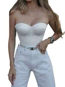 Women's Corset Tube Tops, Strapless Solid Color Boned Bustier Stretchy Bandeau Crop Tops