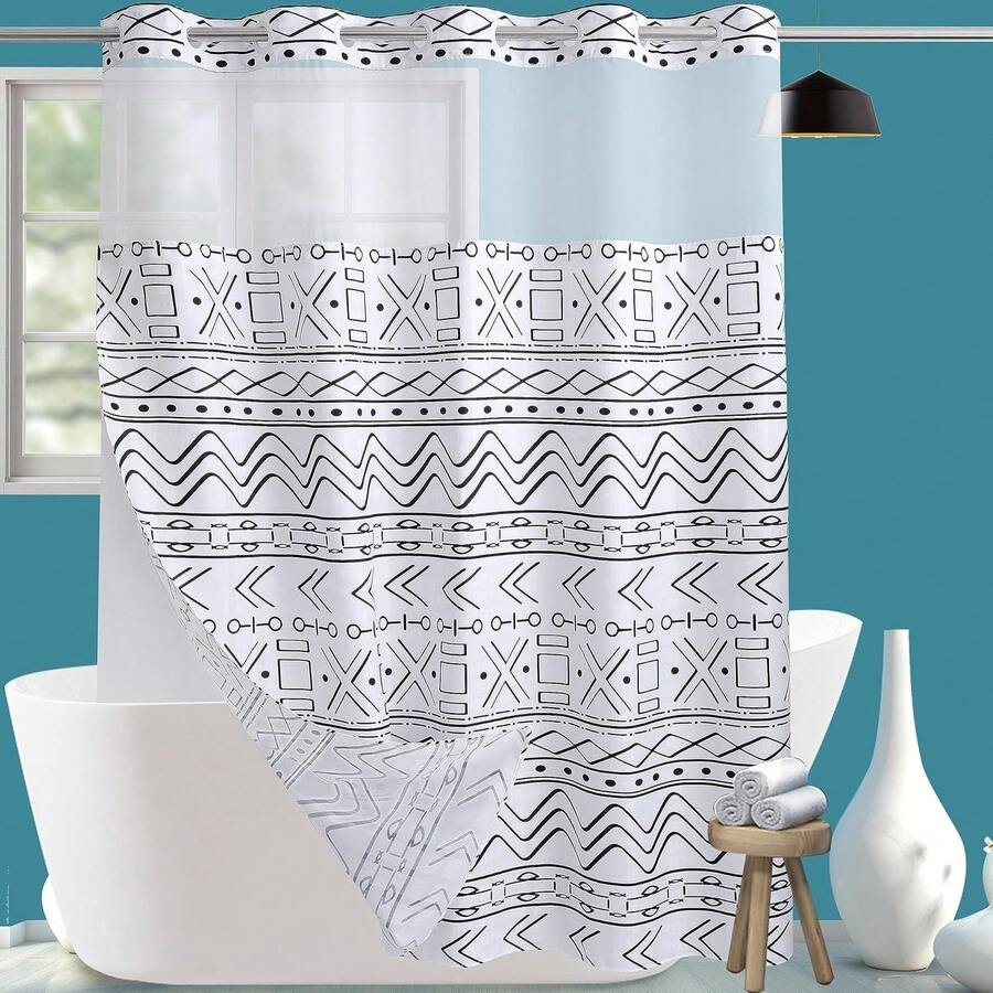 Wide Hotel Fabric Shower Curtain With Snap In Liner 108" X 74" For Bathroom Machine Washable Waterproof Repellent Shower Curtain (White 108" (W) X 74"(H)) - White Boho - 查看 1