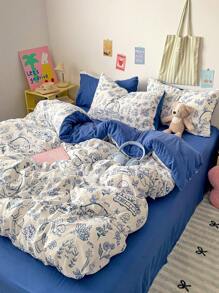 1 Set Juego de Ropa de Cama con Estampado de Conejo Azul Klein de 4 Piezas, Estilo Boceto Suave y Cómodo Adecuado para Todas las Estaciones para el Hogar, Hotel, Decoración de Dormitorio, (1 Edredón + 1 Sábana Plana + 2 Fundas de Almohada), Patrón de Funda de Almohada Aleatorio