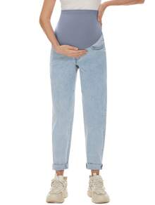 Women's Maternity Jeans Over Belly Comfy Stretch Boyfriend Jeans Loose Pregnancy Pants, S-XXL - 淺藍色 - 查看 2