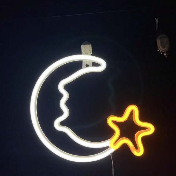 ‌1PC Moon & Stars Neon Light USB/Battery Powered Hanging Dreamy Night Light For Bedroom Kids Room Party Decor 30cm‌