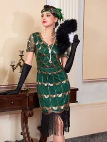 Vestido de fiesta con flecos y lentejuelas de estilo vintage de los años 20 - Verde - Ver 3