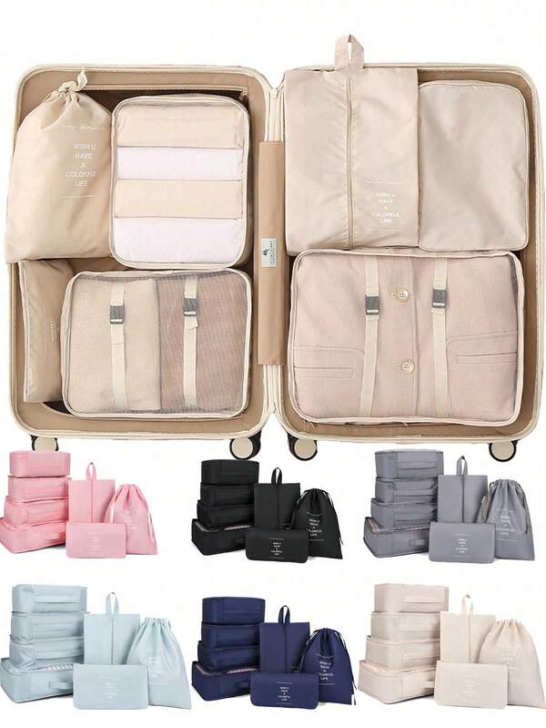 7/9-Pièces Ensemble/1 Sac de rangement de voyage, accessoires de voyage, produits essentiels de voyage, sac de plage, sac pour valise, sac à maquillage, sacs de rangement, ensemble de bagages, sac fourre-tout de plage, articles essentiels pour études