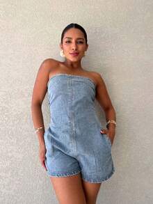 The Lemon 3019 Short Denim Overalls For Women Plain Short Sleeve 3019 - Rửa trung bình - Xem 5