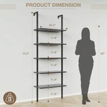 5-Tier Bookshelf, Wall Mount Ladder Shelf With Wood Board And Industrial Metal Frame, For Home Office, Living Room, Bedroom, Entryway And Hallway