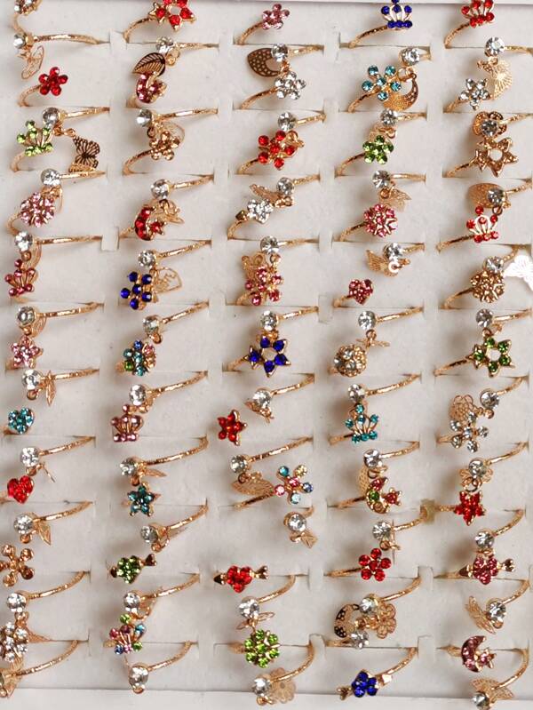 New Fashion 6 Pcs/Lot Colorful Rhinestone Mutiple Styles Rings For Women Lady Simple Jewelry Ring Gift Random Send