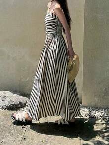 Women's High Quality Striped Print Vacation Dress, Ruched Waist A-Line Dress
