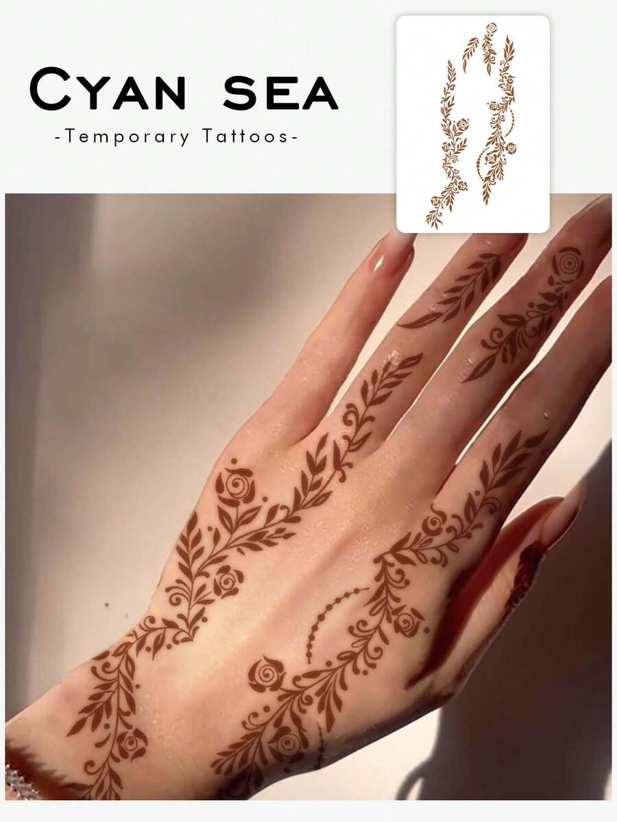 1-2张纹身贴纸，赠送花朵海娜图案临时纹身贴纸，防水防汗PVC材质，一次性逼真纹身贴纸，适合时尚爱好者日常使用。 - 棕色 - 查看 1