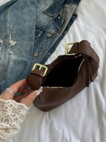 1pc Niche Design Soft PU Solid Color Fashion Minimalist Versatile Mini Shoulder Bag Underarm Bag Handbag For Women - Coffee - View 9