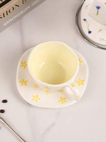1pc Hand-Painted Floral/Yellow Stamen Ceramic Coffee Cup And Saucer Set, Suitable For Home, Office, Cafe Use, Ideal Gift For Women, Mom, Birthday Back To School