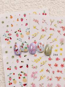 Set de 4 calcomanías de manicura con pequeñas flores, frutas y diseños en estilo de dibujos animados para el verano - incluye frutas exquisitas, pequeñas flores, flores silvestres y diseños, con acabados mate 3D, temas de verano, dibujos animados y minimalistas, fácil de aplicar para decoración de uñas, manualidades, regalos festivos, insumos de maquillaje y decoración de bodas
