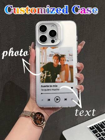 1pc Customizable Lyrics, Song Title, Artist Name, Album Art, Couples/Family Photo Imprinted Shockproof Phone Case, Suitable For IPhone 16, 11, 13 Pro Max, 15 Pro Max, 12, 14 Pro, Sleek Iridescent Silver/White Design