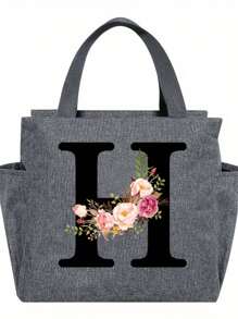 1pc Elegant Floral & Letter Tote Bag - Insulated Lunch Bag, Made Of Durable Polyester, Grey With Pink Flowers & Green Leaves, Suitable For Office, School And Outdoor Picnic