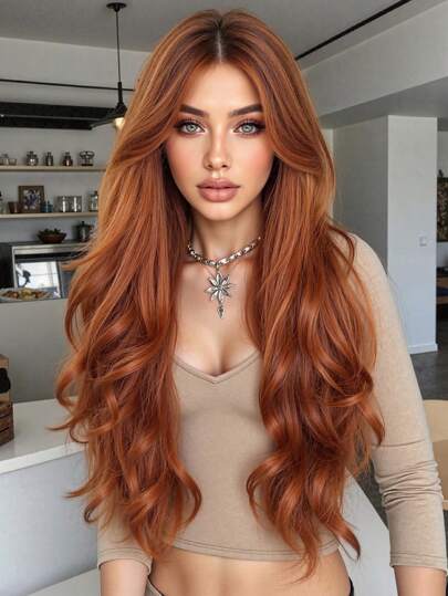 Peluca sintética de 26 pulgadas con corte de mariposa, pelo ondulado y rizado de color marrón óxido, peluca de cabello sintético con raya al medio para mujeres y niñas, peluca sintética sin encaje para el festival de música de Coachella