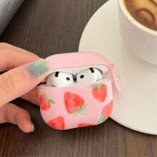 Summer Korea Style Pink Strawberry Design Earphone Case + Strap Suitable Compatible With Apple Pro 2/Pro/3/4/2 Case, Fashion/Cute/Fruit Wireless Earbuds Protective Cover