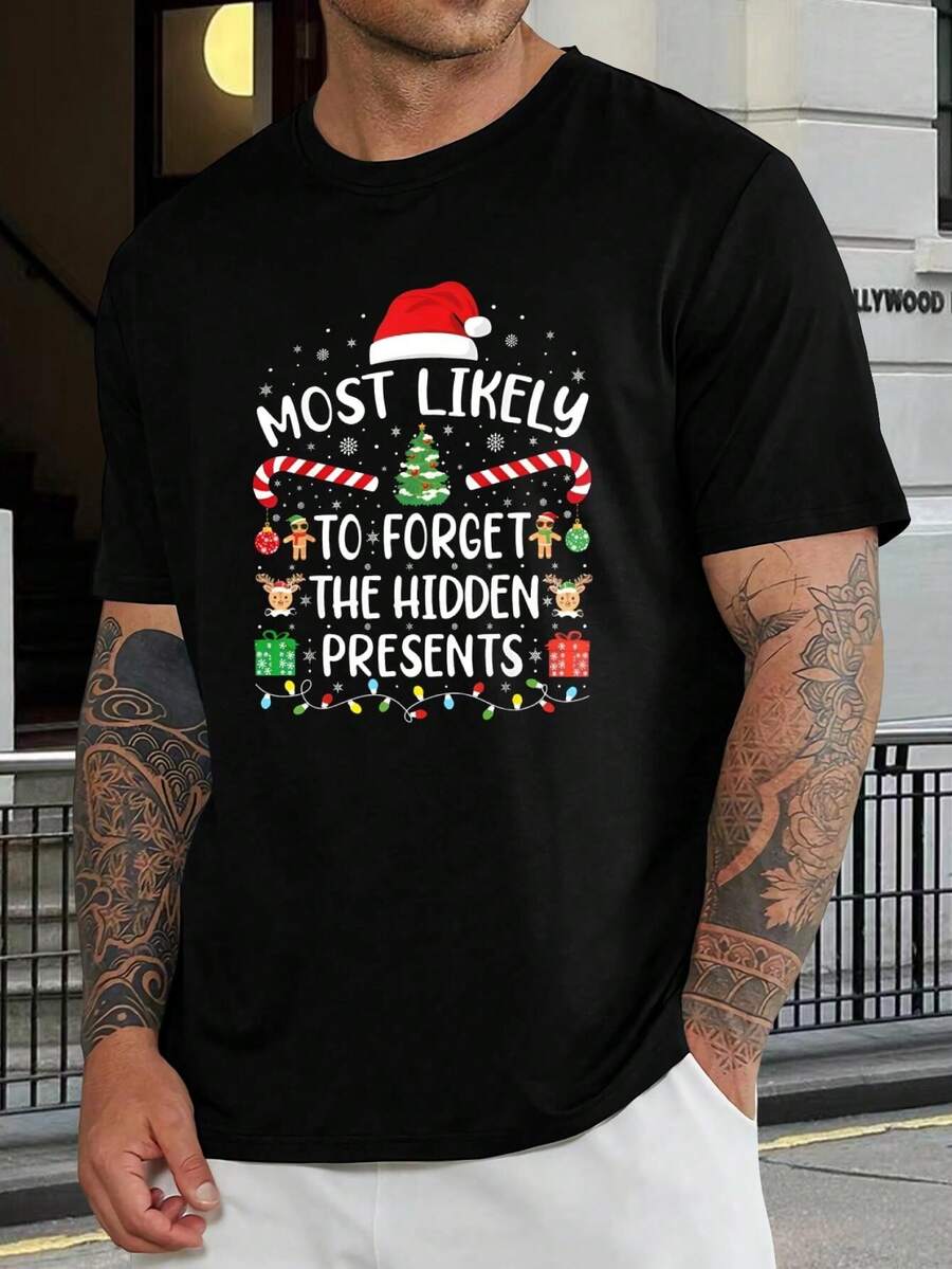 Camiseta divertida de Navidad 'El que probablemente olvide los regalos escondidos' - Camiseta familiar a juego para las fiestas, regalo novedoso de Navidad para hombres y mujeres, atuendo festivo para fiestas navideñas, algodón, cuello redondo, manga corta - Negro - Ver 1