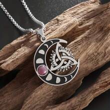1pc Stainless Steel Irish Knot Red Gemstone Pendant Wiccan Witch Knot Moon Necklace Men Women Lucky Jewelry