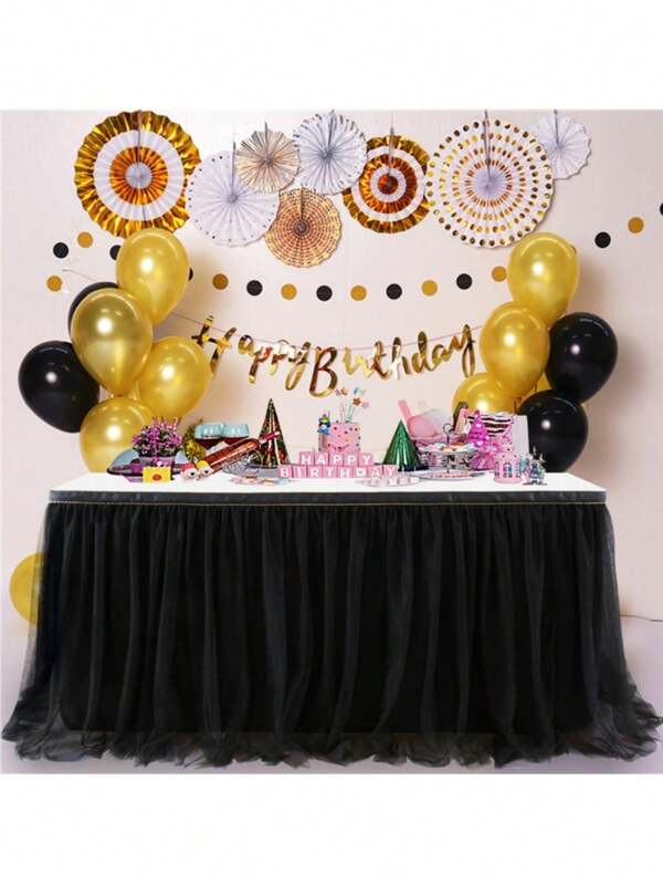 Black Solid Color Polyester Pleated Tablecloth, Handmade Rectangular Table Cover Suitable For Wedding, Party, Birthday Event, Halloween Decor, Fits 6ft Table