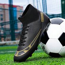 Chuteiras de futebol de salão para homem, confortáveis, antiderrapantes e respiráveis, de cano alto, ideais para treinos profissionais e jogos; Chuteiras AG com travas longas para relva artificial/grama natural, adequadas para homens e mulheres. - Preto - Ver 5