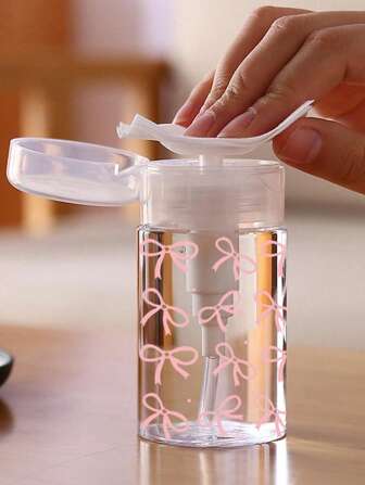 150ml/200ml/300ml Nail Art Pump Bottle, Transparent Pump Bottle With Pink Bow Pattern, Alcohol Nail Polish Remover Storage Container, Large Capacity Reusable Makeup Remover Bottle, Nail Polish Remover, Pump Head, Empty Acetone Container Travel Bottle, Makeup Accessories Essential For Dorm And Bathroom