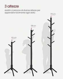 Attaccapanni da Terra, Appendiabiti in Legno a Forma di Albero, 8 Ganci, 3 Altezze, per Vestiti Cappelli Borse, Ingresso Camera da Letto Ufficio, Nero, Regalo Natale - nero - Visualizzare 3