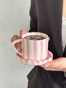 1pc Ceramic Mug & Saucer Set, Minimalist Vertical Stripe Pattern Coffee Cup, Design High Aesthetic Value Mug, Medium Size Coffee/Tea Cup, Suitable For Photography, Gift, Birthday - 彩色 - 查看 9